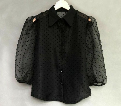 Women Chiffon Blouse Shirt Sexy Transparent Mesh Beading Puff Sleeve Lady Outfit - Picture 9 of 9