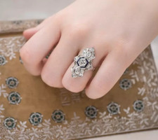 Elegant Classic Antique Style Old Mine Cut CZ  Blue Sapphire Hand Filigree Ring