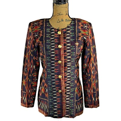 Alexandra Thai Silk Blazer SMALL Aztec Black Red Gold Teal Gray Jacket Lined