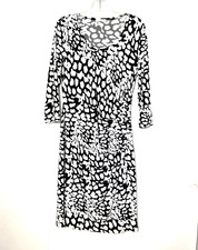 Calvin Klein Sheath Dress Size 12 Black White Animal Print Ruched 3/4 Sleeve