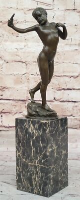 Nude boy fires Sling Shot David Goliath Bronze Original Statue Sculpture Figure