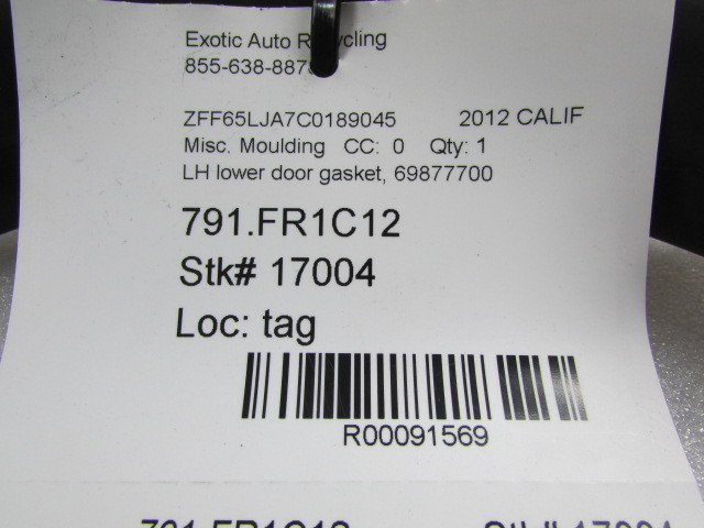 Ferrari California, LH Lower Door Gasket Moulding, Used, P/N 69877700