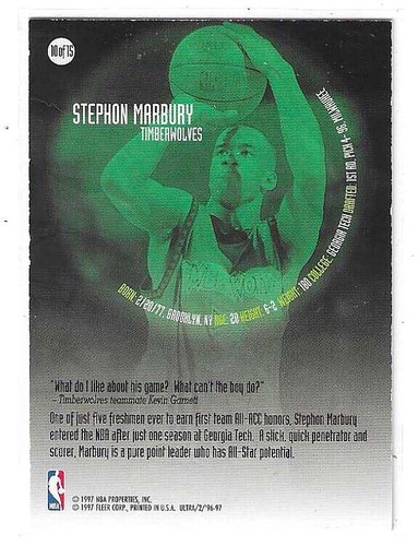 1996-97 FLEER ULTRA STEPHON MARBURY ALL ROOKIE #10 MINNESOTA TIMBERWOLVES - Picture 2 of 2