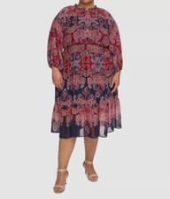 Vince Camuto Women's Red 3/4-Sleeve Paisley Dress Plus Size 18W