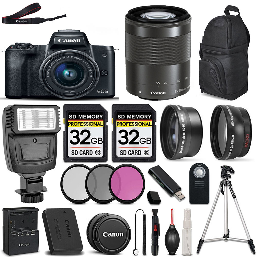 Canon EOS M50 II Camera + 15-45mm Lens + 55-200mm Lens + 64GB +3PC