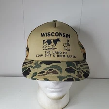 VTG Wisconsin The Land of Cow Sh*t & Beer Farts Camo Trucker Hat Snapback Cap