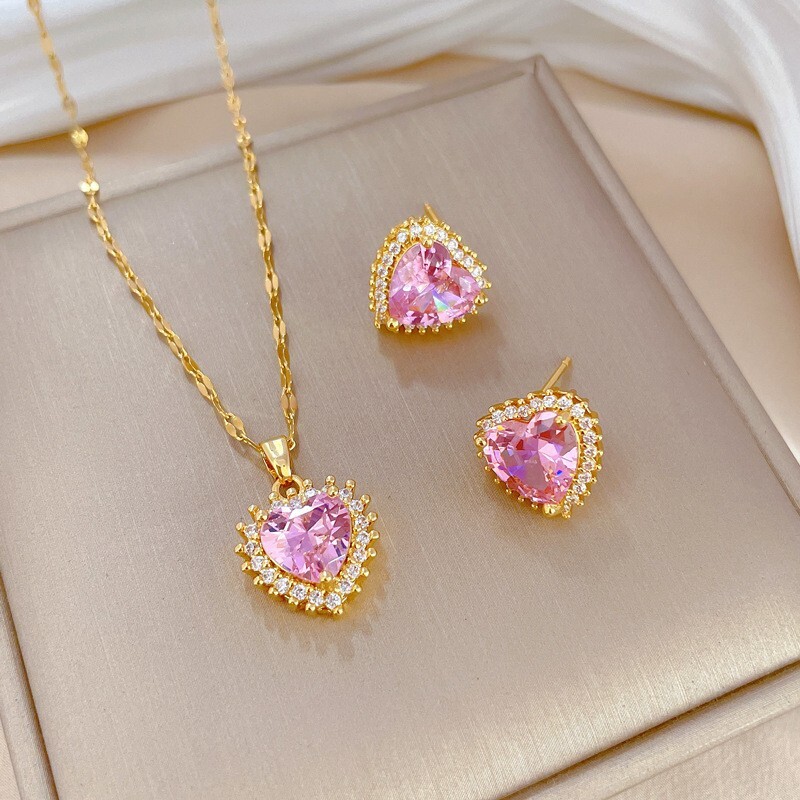 Women 14K Gold Pink CZ Heart Pendant Chain Necklace Stud