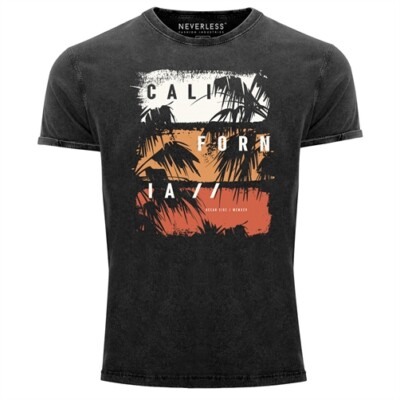 Men's Vintage Shirt California Lettering Palm Trees Print Shirt T-Shirt Print