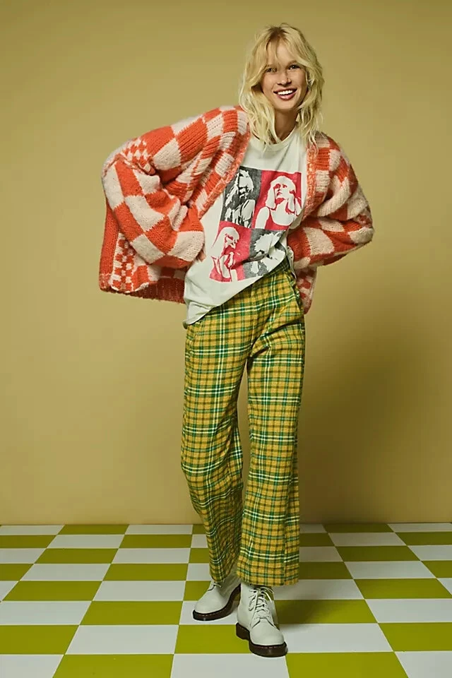 Free People Shape Up Trouser Pants Button High Rise Relaxed Fit Check Pattern XS