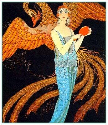 Art Nouveau Woman Gilded Bird George Barbier Counted Cross Stitch Pattern