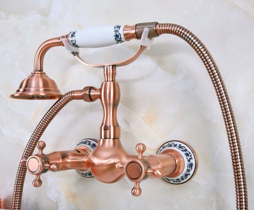 Red Copper Bathroom Faucet Set Wall Mount Handheld Shower Mixer Tap Kit Dna332 - Picture 6 of 9