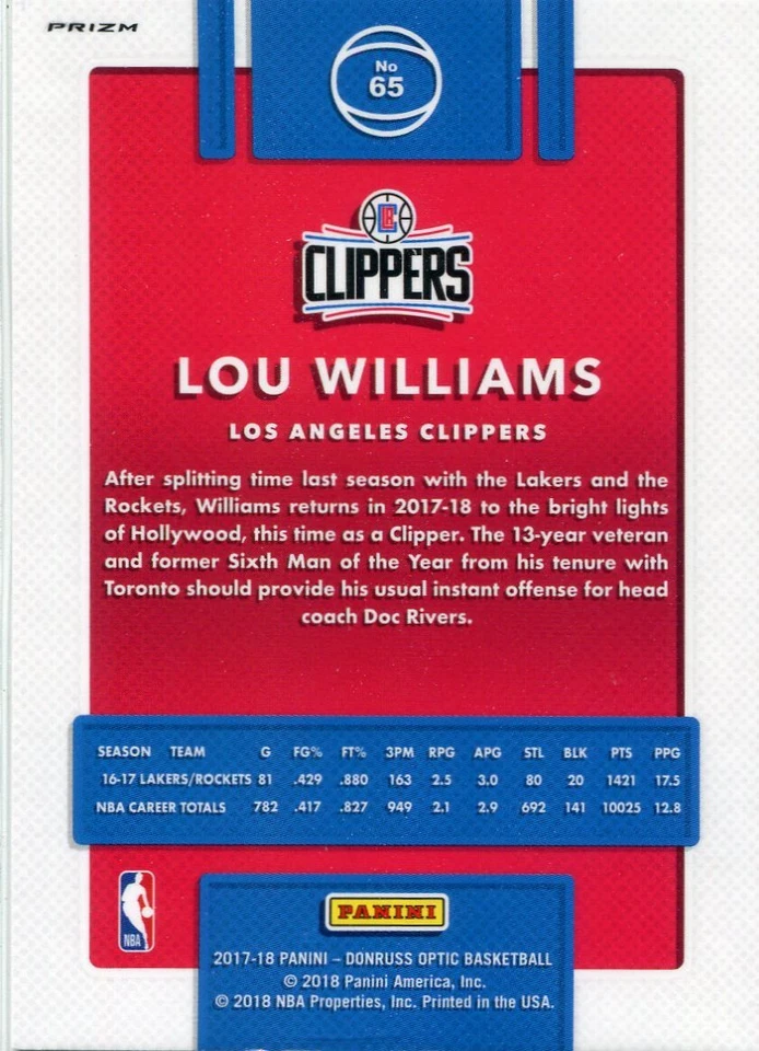 2017-18 OPTIC PRIZMS HOLO LOU WILLIAMS LOS ANGELES CLIPPERS PARALLELS CL811 - Image 2 of 2