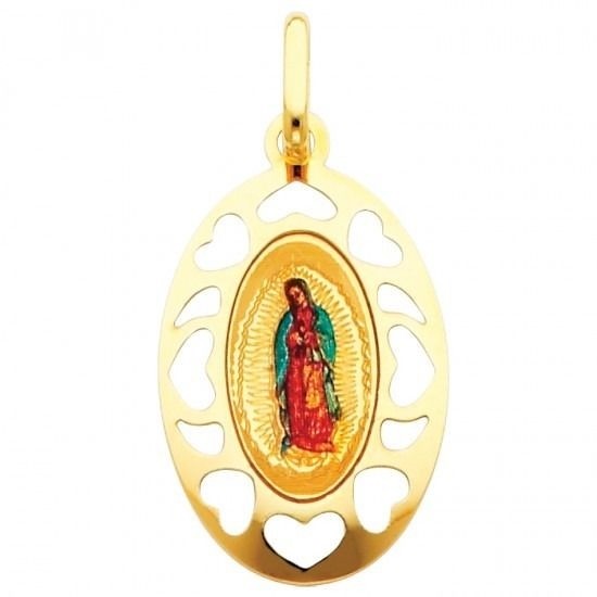 Our Lady of Guadalupe Hearts Oval Disc Charm Real 14K Solid Yellow Gold ...