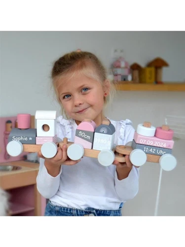 Label Label Holzzug Rosa personalisiert mit Namen Geburtsdaten Geschenk Geburt