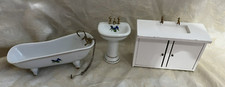 vtg white Porcelain Dollhouse Furniture 3 Piece Bath Set Tub Sink Wood Cabinet
