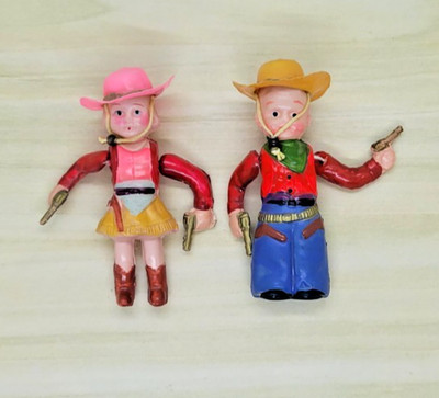 Celluloid Cowboy Cowgirl Pair Dolls Japan Vintage 1950s Carnival Toy Dime Store
