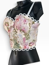 vtg Floral Lace Trim Embroidered Bustier Corset Cottagecore Boho s 38 Adjustable