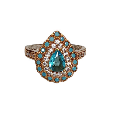 Aquamarine Turquoise Drop 925 Sterling Silver Handmade Hurrem Sultan Ring 8.25