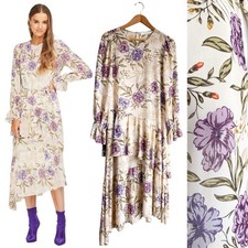 ASTR Lilac Cream Floral Asymmetrical Hem Victorian Wedding Guest Midi Dress S