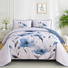 Floral Quilt Set Queen Size, 3 Pieces Blue Bedspread Coverlet Set, Lightweight F