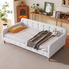 Sofá cama tapizado tamaño doble con 4 patas de apoyo marco de sofá cama de lino con botón