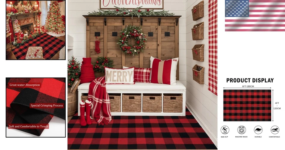 Alfombra de granja de entrada 4'x6' negra roja búfalo algodón a cuadros Foto 2 de 4