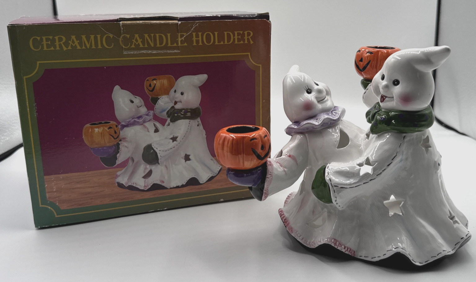 Dancing Ghosts Halloween Ceramic Candle Holder w/ Box | 2 Pumpkin Taper Cups
