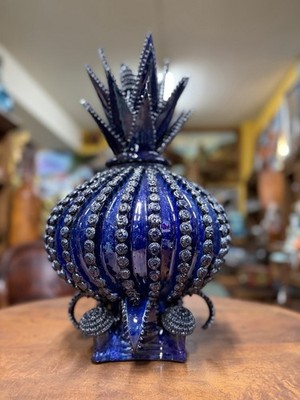 Ceramic Blue Decorative Glossy Vase Spiked Top Pineapple Shape 21in 13in