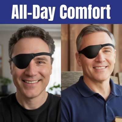 Black Leather Eye Patch with Adjustable Band and Concave Design