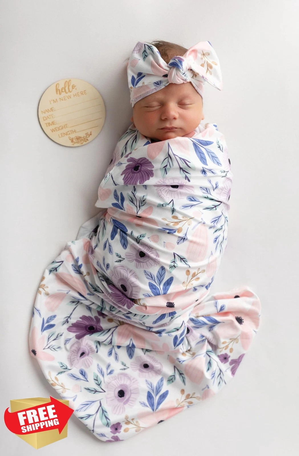 Vollmic Newborn Baby Swaddle Set Pink Floral Beanie Headband