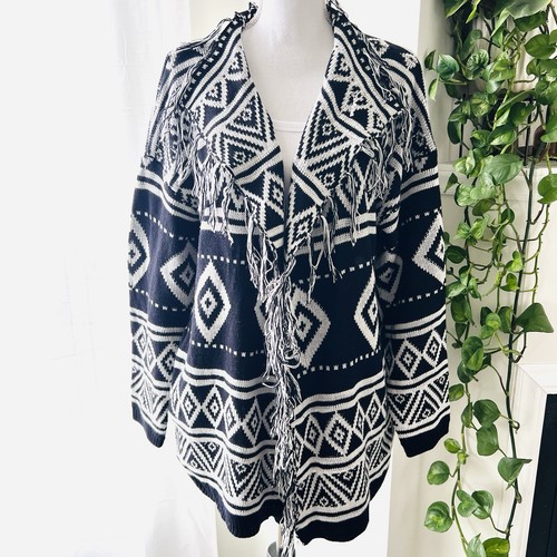 IBDiffusion Navy Blue White Aztec Soft Cozy Fringe Boho Cardigan Sweater Plus 2X - Picture 1 of 9