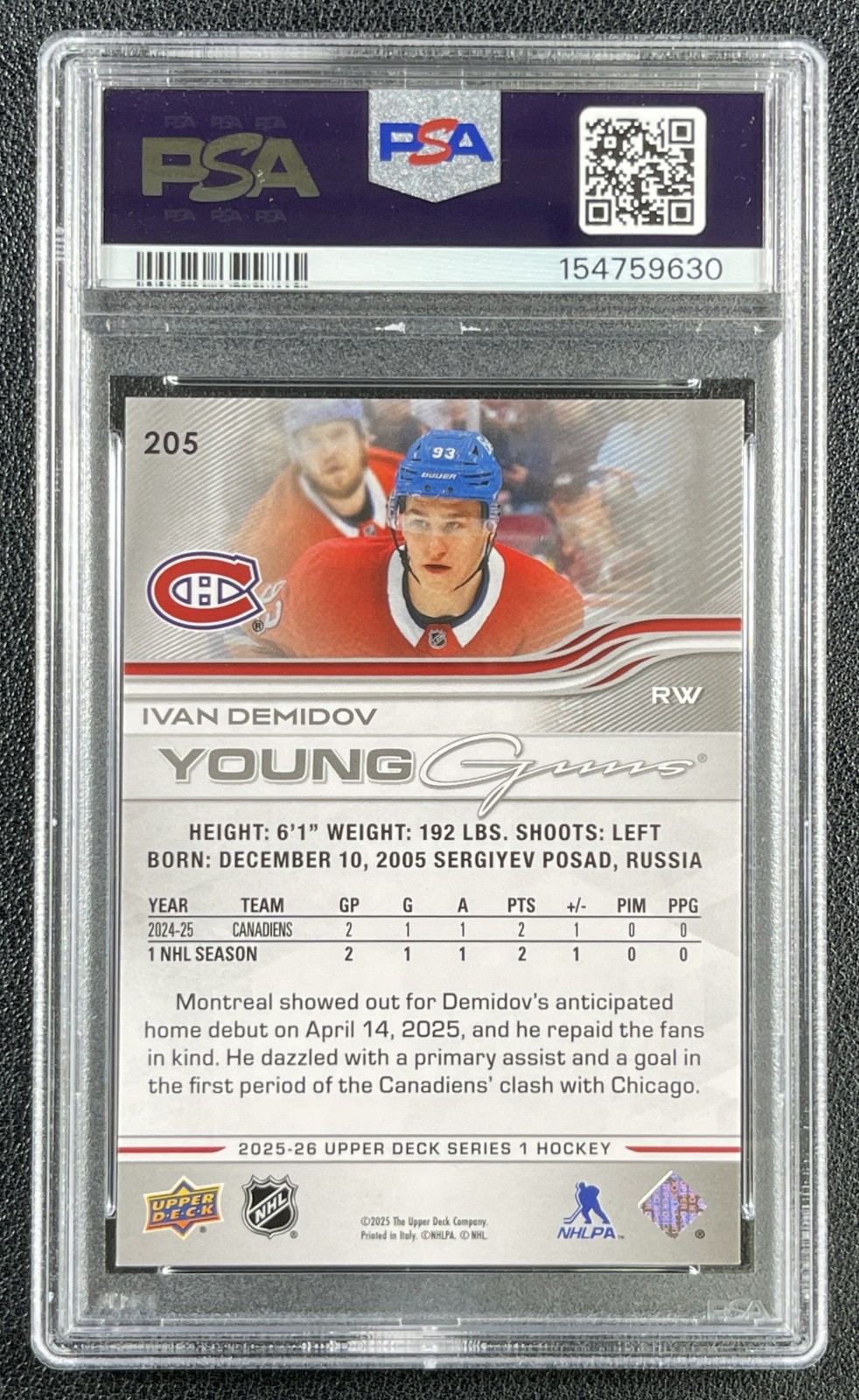 IVAN DEMIDOV PSA 10 2025-26 UPPER DECK S1 #205 ROOKIE YOUNG GUNS RC 9630 view 2