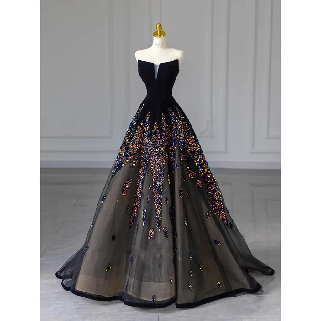 Fashion Luxury Black Celebrity Wedding Dress Strapless Boat Neck A-line  Sequins | eBay