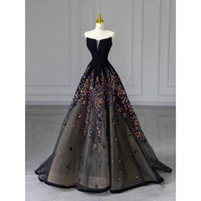 Fashion Luxury Black Celebrity Wedding Dress Strapless Boat Neck A-line Sequins