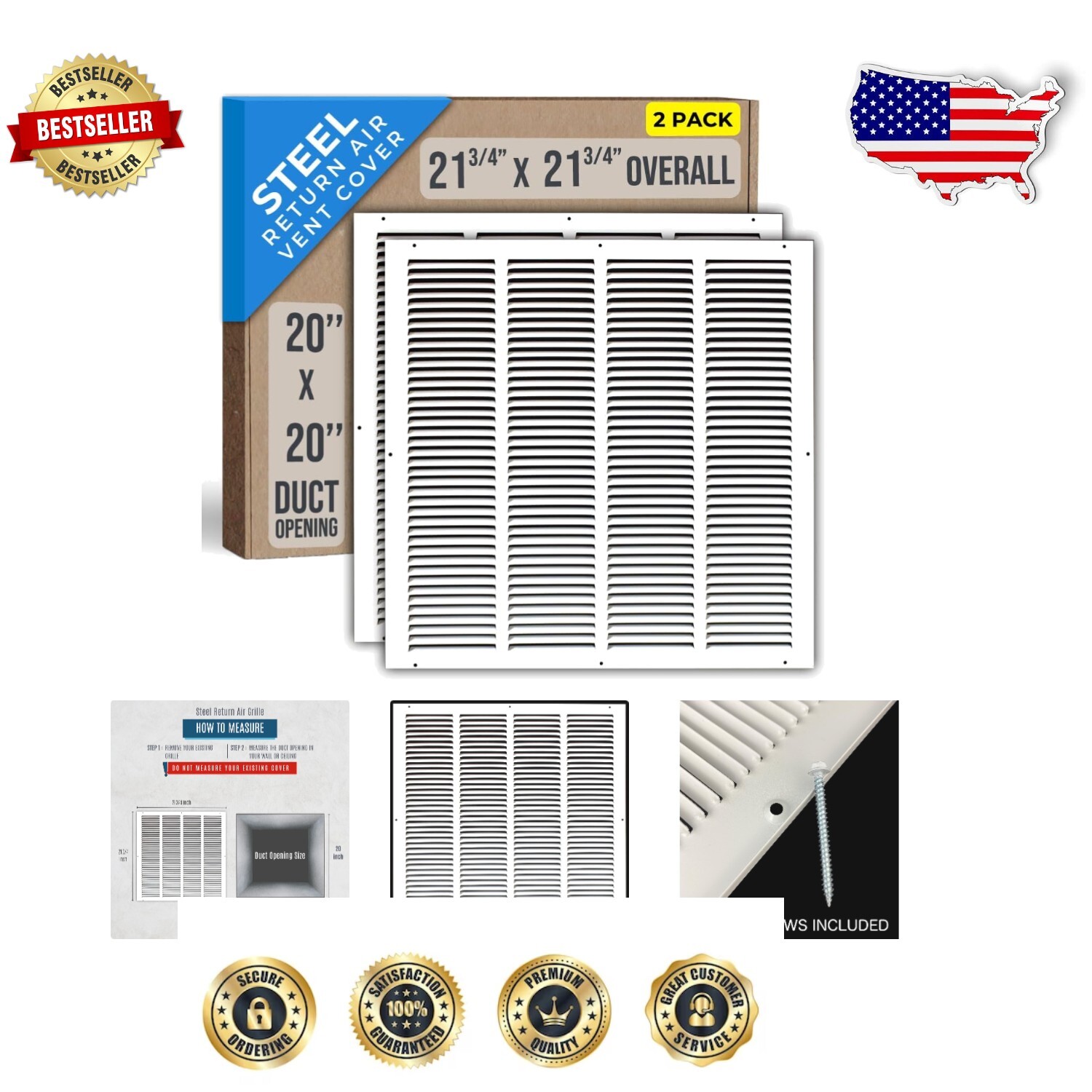 Efficient 20x20 White Return Air Vent Grille Kit - 2 Pack for Sidewall & Ceiling