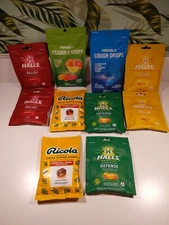 10  Pkg Halls Ricola,Freegells Cough Drops 