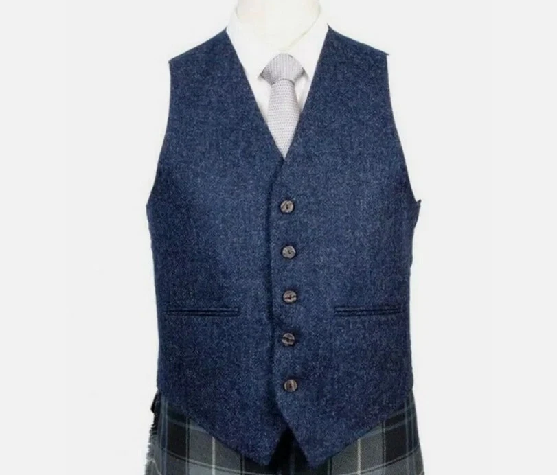 Men's Scottish Blue Tweed wool 5 Button Kilt Vest Wedding Waistcoat