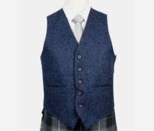 Men's Scottish Blue Tweed wool 5 Button Kilt Vest Wedding Waistcoat
