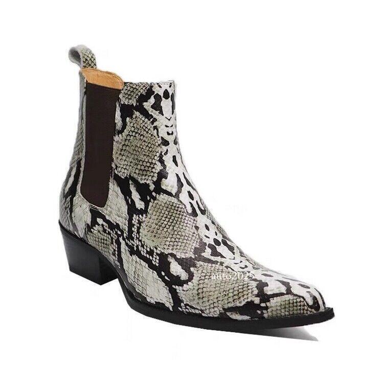 Mens Pointed Toe Real Leather snake pattern Pull On Ankle Cowboy