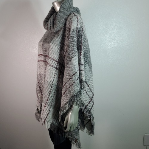 Roots Canada Poncho One Size Wool Blend Fringe Cowl Neck Cape Plaid Gray Sweater - Bild 3 von 9