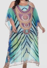 White Mark Women's Green Sheer Maxi Caftan Dress Plus Size One Size Fits All