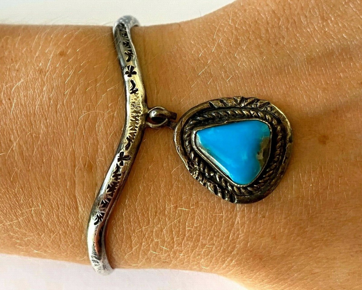 Signed JS Vintage Navajo Sterling Turquoise Stampwork Ladies
