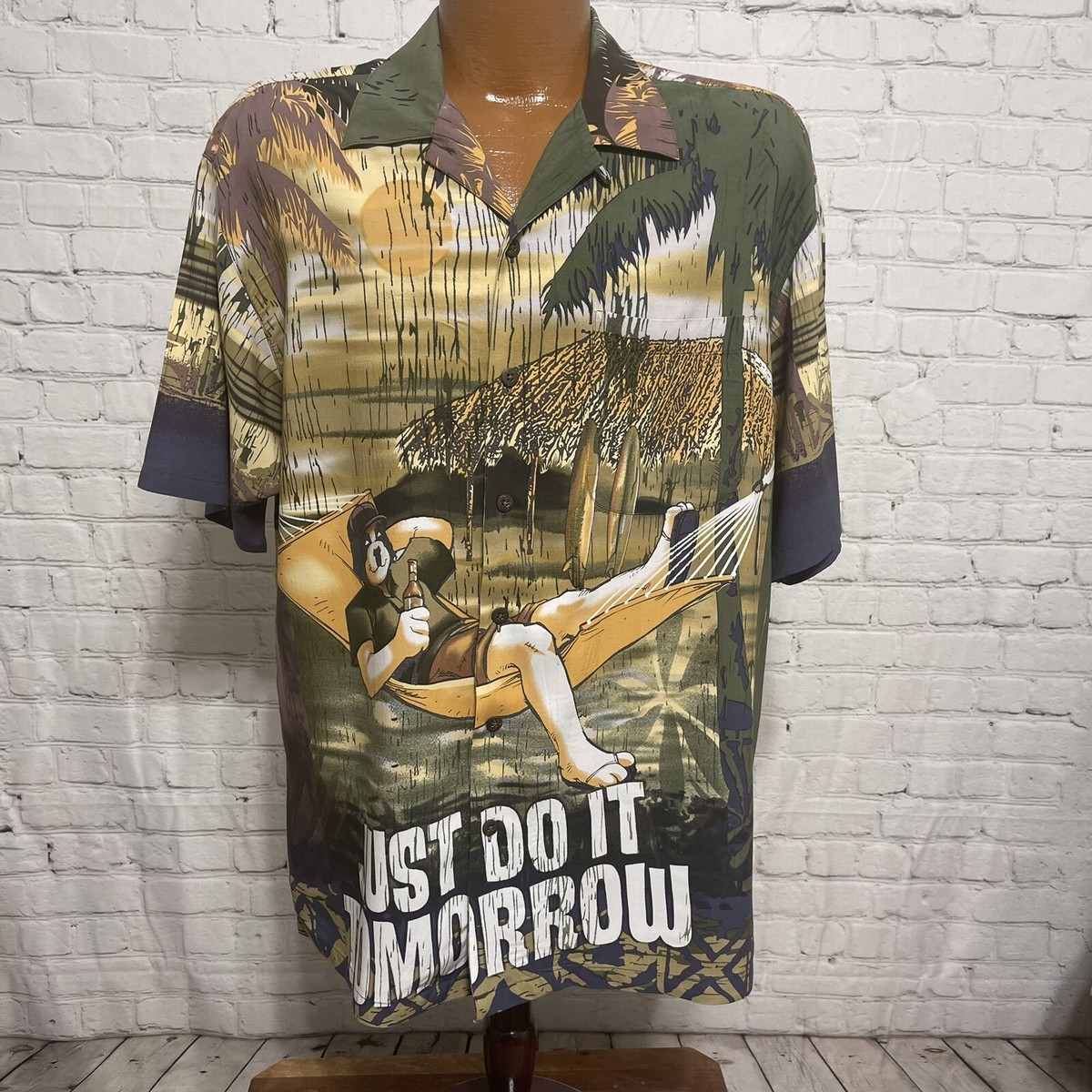 Vtg Big Dogs Button Front Hawaiian Shirt Lazy Dog Hammock Tropical 