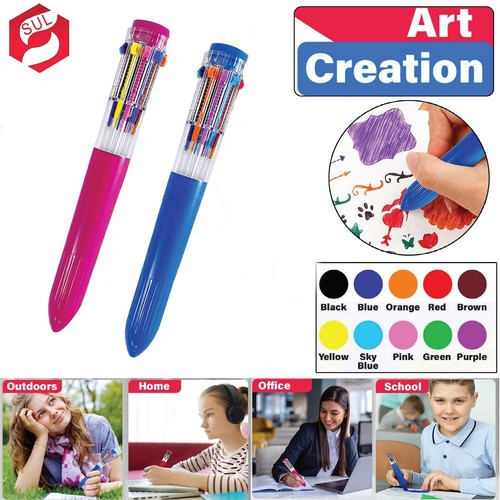 Multi Colour Ballpoint Pen Ball  10 Retractable  Pens Black Blue Red Green - Picture 14 of 15