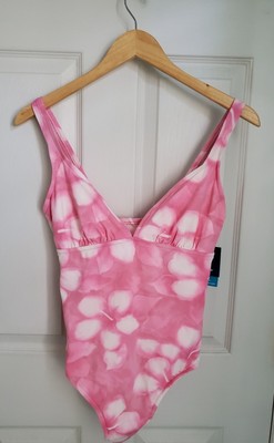 JANTZEN Trimswim One Piece NEW Swimsuit Pink White Floral Print Slimming Sz 12