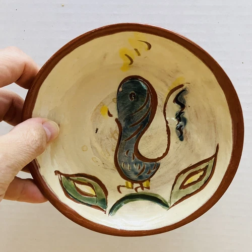 Vintage Welden Pottery Small Round Dish Signed- Folk Art- It’s Got A Bird On It