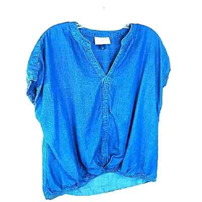 UNIVERSAL THREAD Top Blue Small HI-Lo Denim Look Loose Fit VNeck Cap Drop Sleeve
