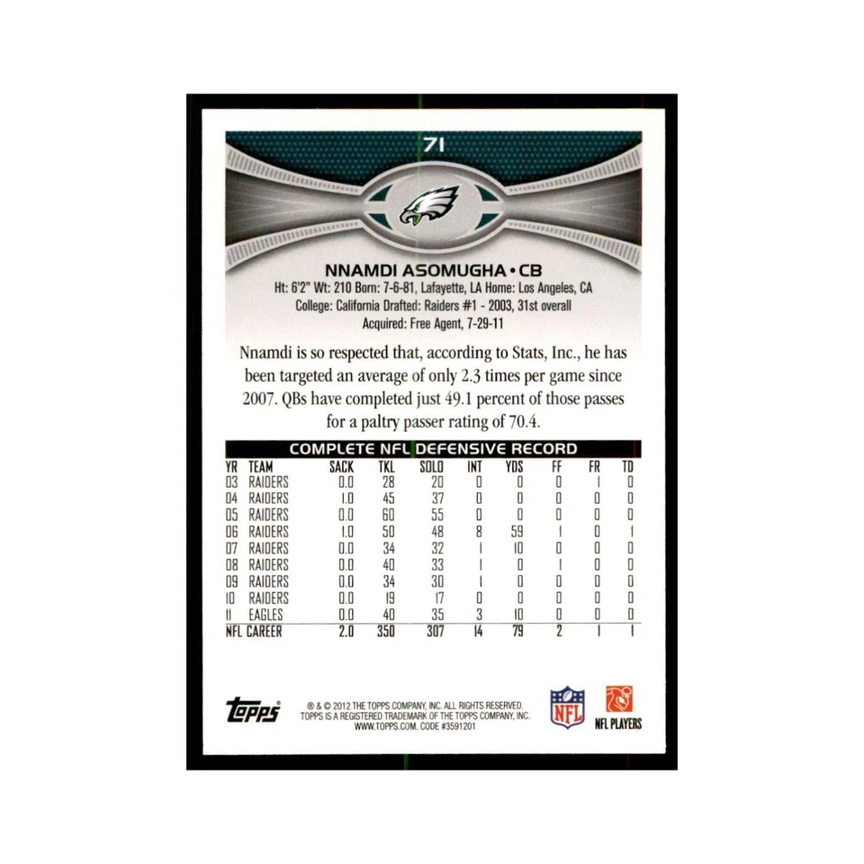 2012 Topps Nnamdi Asomugha Football Cards #71 - Image 2 of 3