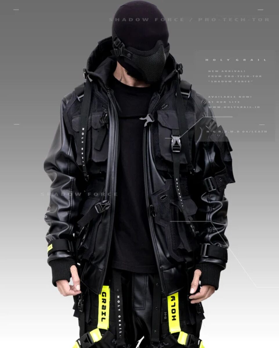 Men's Techwear Black Leather Jacket Hoodie Full Zip Buckle Men's Techwear Black Leather Jacket Hoodie Full Zip Buckle