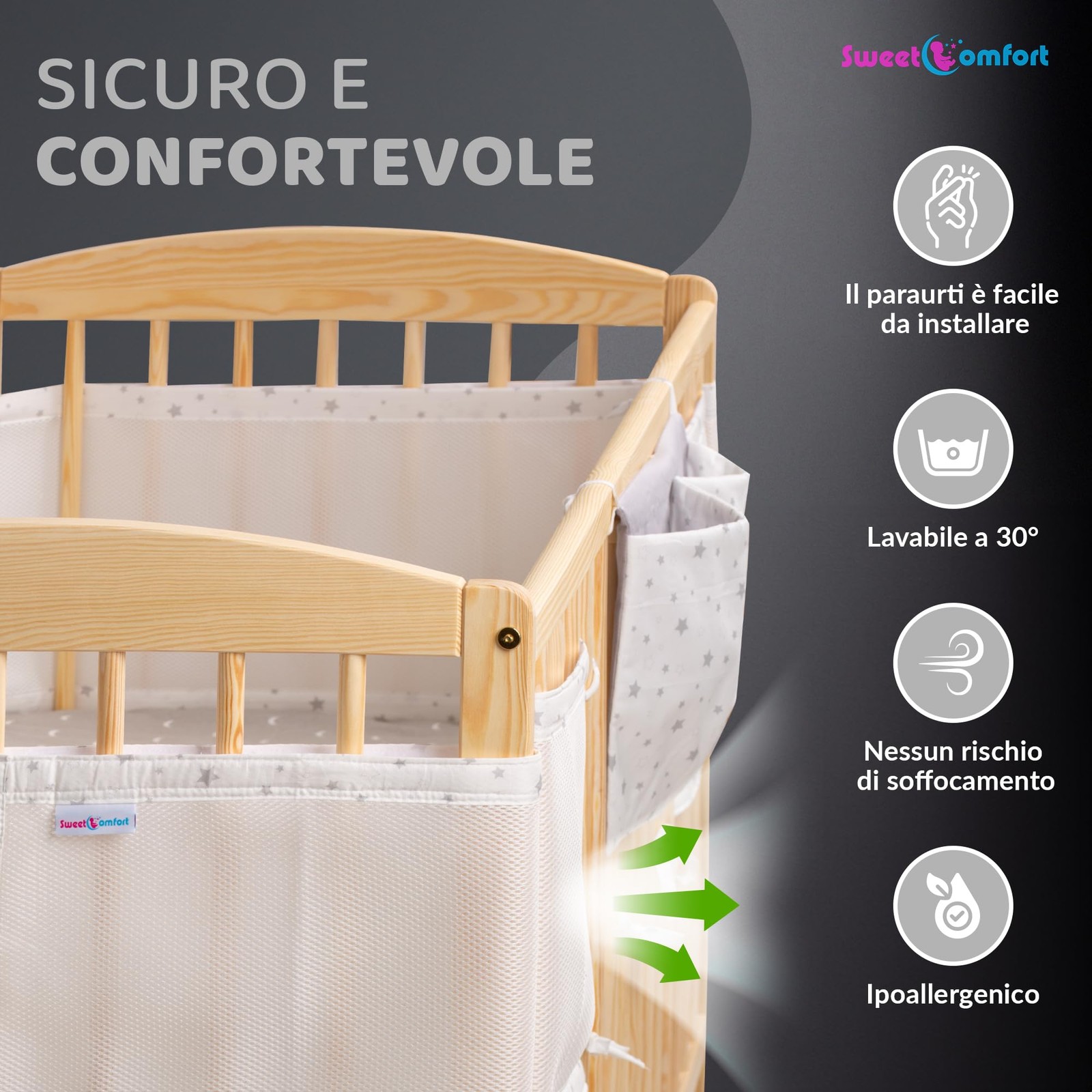Paracolpi Lettino Neonato Traspirante con Tasca Portaoggetti Protezione Sbarre foto 5